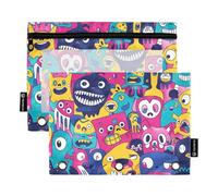 Cartoon Colorful Monsters Home Management Binder with Clear Window Pencil case Organizer in Assorted Colors 3 Ringing Binder folders for Office School Supplies Cosmetics Multicolored 2 PCS