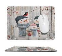 Cartoon Colorful Snowman Non-Slip Base Mousepad,Cute Rustic Wooden Boards Christmas Winter Pine Trees Birds Stitched Edges for Decoration,Most Types of Mouse 9.4"x7.9"