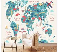 Cartoon Colourful World Map Animals Aeroplane 3D Wallpaper Easy Install Feature Office Living Room Sofa Bedroom TV Background Wall Decoration-350cm×256cm
