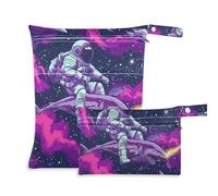 Cartoon Cool Astronaut Riding fish sea Psychedelic Galaxy Outer Space zippered large wet bag 2 Pack travel essentials for flying with handles for yoga, daycare