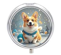 Cartoon Corgi Dog Pill Box - 3 Compartment Travel Pill Organizer with Small Mirror, Portable Pillcase for Pocket & Purse, Cute Round Medicine Case, Weekly Medicine Container