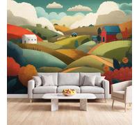 Cartoon Countryside Farming Photo Wallpaper Premium Art Print | Hills Red and Blue Barn Non-Woven Wall Mural 350 x 256 cm for Living Room Bedroom Kitchen Office Kids