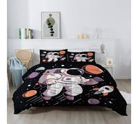 Cartoon Coverless Duvet Super King Size, Soft Hypoallergenic Reversible Quilt, Space Planets Rockets Astronauts Pattern Washable Bedding Set with 2 Pillowcases for All Season, Black 260 x 220 cm
