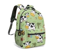 Cartoon Cow Blue Tractor Red Barn Farm Print 16 Inch Backpack 360 Full Printed Rural Life Illustration Animal Daily Travel Daypack (03)