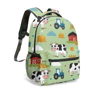 Cartoon Cow Blue Tractor Red Barn Farm Print 16 Inch Backpack 360 Full Printed Rural Life Illustration Animal Daily Travel Daypack (01)