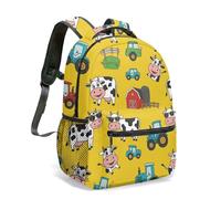 Cartoon Cow Blue Tractor Red Barn Farm Print 16 Inch Backpack 360 Full Printed Rural Life Illustration Animal Daily Travel Daypack (05)