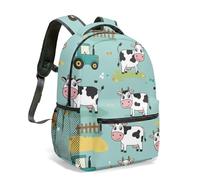 Cartoon Cow Blue Tractor Red Barn Farm Print 16 Inch Backpack 360 Full Printed Rural Life Illustration Animal Daily Travel Daypack (02)
