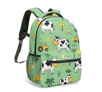 Cartoon Cow Blue Tractor Red Barn Farm Print 16 Inch Backpack 360 Full Printed Rural Life Illustration Animal Daily Travel Daypack (04)