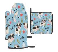 Cartoon Cow Milk Bottle Pattern Oven Mitts and Pot Holders Heat Resistant BBQ Gloves Kitchen Gloves Hot Pads for Cooking Grilling Baking