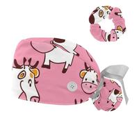 Cartoon Cow Pattern Scrub Caps Women Nurse Hat Surgical Cap Bouffant Working Cap Button Sweatband