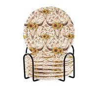 Cartoon Cow Sunflowers Brown Cute Round Coasters Set with Holder, 6 Pcs Art Coaster for Drinks, Absorbent Coasters
