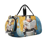 Cartoon Cow Vintage Toilet Newspaper Duffel Bag with Shoes Compartment Large Capacity Weekender Overnight Dance Bag for Travel, Swimming, Dance, Ballet