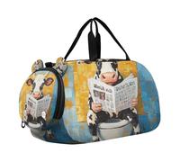 Cartoon Cow Vintage Toilet Reading Newspaper Duffel Bag with Shoes Compartment Large Capacity Weekend Overnight Carry on Bag for Travel, Swimming, Dance, Ballet
