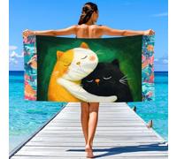 Cartoon Cozy Beach Towel, Extra Large 180 x 100 cm Microfibre, Sand Free Quick Dry Hand-Painted Healing Calm Cute Animals Cat Beach Towel, Ideal Vacation Gifts for Pool