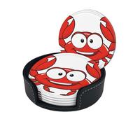 Cartoon Crab Print Leather Coasters for Drinks Drink Coasters Set Cup Mat with Holder for for Hot Or Cold Drinks Set of 6