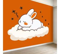 Cartoon Custom Photo Murals 400W x 280H cm, Animal Rabbit Clouds Star Shape Removable Wallpaper - Orange Home Decoration Wall Art Covering for Living Room Bedroom Children's Room