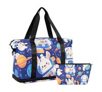 Cartoon Cute Animal Astronauts Overnight Carry On Tote and Luggage with Wet Pocket Adjustable Strap Sports Duffel Bags for Gym Waterproof for Men Women