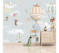 Cartoon Cute Animal Elephant Monkey Hot Air Balloon 3D Wallpaper Premium Textured Silk Study Dining Living Room Bedroom Sofa TV Wall Easy Install-300cm×210cm