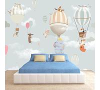 Cartoon Cute Animal Elephant Monkey Hot Air Balloon 3D Wallpaper Silky Texture Home Study Office Grey Dining Room Sofa Bedroom Living Room TV Backdrop-400cm×280cm