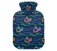 Cartoon Cute Animal Shark Wave Blue hot Bottle Water Bag with Soft Cover, 2L Water Bottle Bag for Sore Muscle, Sore Muscle, bolsas de agua Caliente para Dolores