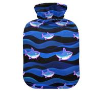 Cartoon Cute Animal Shark Wave Blue Travel hot Water Bottle with Soft Cover, 2L hot compresses for The Body for Pain Relief, Pain Relief, Bolsa para agua Caliente