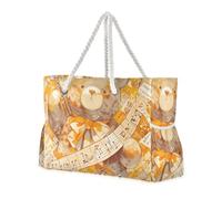 Cartoon Cute Bear Music Notes Illustration Style Orange Sandproof Tote Bag With Pockets with side pocketes Shoulder Weekender Overnight Perfect for Travel Pool Swim Beach Vacation Necessities