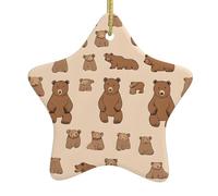 Cartoon Cute Bear -Print Christmas Ceramic Star Ornaments - Handmade Ceramic Holiday Decor With Gold String For Tree Home Festival.