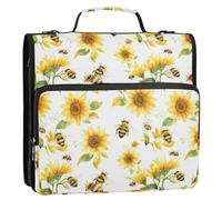 Cartoon Cute Bees Sunflowers White 3 Ringing Zipper Binder with Shoulder Strap & Handle Multiple Pockets for School/Office