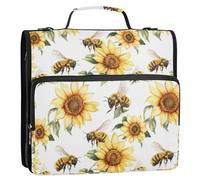 Cartoon Cute Bees Sunflowers White 3 Ringing Zippered Binder Bag with Handle and Removable Shoulder Strap Includes Zip