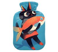 Cartoon Cute Black Cat Cute hot Water Bottle with Soft Cover, 1L Warm Compress for Tummy Warmer, Tummy Warmer