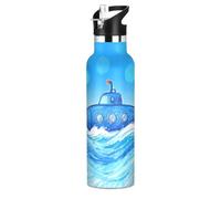 Cartoon Cute Blue Submarine Gym Water Bottle with Leak Proof Spout Lid Double-Wall Insulation for Sports, Travel, and School