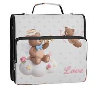 Cartoon Cute Brown Bear 1.5 Inch 3 Rings Binder Organizer with Shoulder Strap & Handle Easy to Carry School Supplies Organizer for School and Office