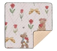 Cartoon Cute Brown Bear Peach Rose Cute Foldable Baby Playmat for Floor 1-Piecing Tummy Time Mat for Baby Toddler Infant, 50'' x 50''