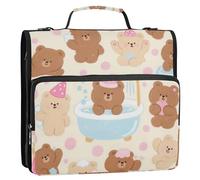 Cartoon Cute Brown Teddy Bear 1.5 Inch 3 Rings Binder Organizer with Shoulder Strap & Handle Multiple Pockets Portfolio Binder for School/Office Clip de cremallera