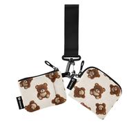 Cartoon Cute Brown Teddy Bear Dual Coin Purse Credit Card Holder Wallet Small Detachable Business Card Case Money Organizer with Wristlet Strap for Woman 2 Packs monedero para tarjetas de