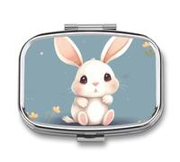 Cartoon Cute Bunny Pill Box 2 Compartment, Portable Pill Case with Mirror for Pocket Purse Travel, Mini Metal Medicine Organizer for Vitamins Fish Oil