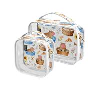 Cartoon Cute Capybaras Flowers 2 Pack Clear Toiletry Bag Large TSA Approved Multifunctional Large Cosmetic Bags for Women Travel Essential maquillaje