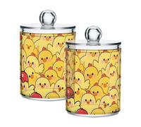 Cartoon Cute Chicken Yellow Clear Plastic storage containers with lid Pantry Essentials Decorative Dental floss storage jar for Cotton Swabs,Cotton Pads,Floss Picks,Paper Clips,Hair Clips 2 Pack