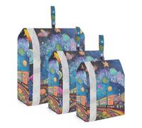 Cartoon Cute Color Planet Steam Train 3 Piecing Packing Travel Bag Reusable Suitcase Organizer Bags Set Clothes Storage Bags Travel Must Haves