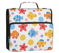 Cartoon Cute Colorful Fish and Starfish 3 Rings Binder Organizer with Handle and Removable Shoulder Strap Multiple Pockets Portable Home Travel Safe Storage Bag for Middle School Clip de cremallera