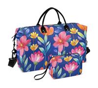 Cartoon Cute Colorful Flowers Royal Blue Decorative Overnight Travel Duffel Bag Workout Bag with Toiletry Bag for Business Trips Large Capacity Bolsa para