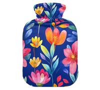 Cartoon Cute Colorful Flowers Royal Blue hot Water Bottle with Soft Cover, 1L Warm Compress for Neck and Shoulder Pain Relief, Arthritis, bolsas de agua Caliente para Dolores