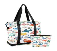 Cartoon Cute Colorful Plane 2 Pcs Set Oversized Travel Duffel Bag Weekender Bag with Adjustable Strap for Trip