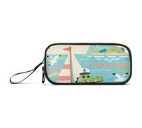 Cartoon Cute Crocodile Blue Nylon Pen Case Pencil Bag High Capacity Pencil Case with Compartments Stationery Organizer for High School Kids