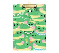 Cartoon Cute Crocodile Green Acrylic mini clipboard Set Standard Letter A4 Size Transparent for Football Softball Coaching Gold 12x9in Tabla para escribir con Clip