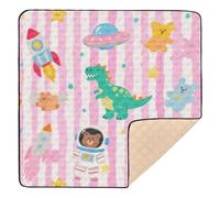 Cartoon Cute Dinosaur Rockets Stripe Soft Thick Baby Activity Play Mat for Indoor Outdoor Portable Tummy Time Activity Mat for Baby Kids Toddlers Infants, 50'' x 50''