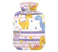 Cartoon Cute Dinosaurs Light Purple Stripes hot Waterbottle with Soft Cover, 1L Warm Compress for Tummy Warmer,Hand Feet Warmer,compresas calientes para el vientre