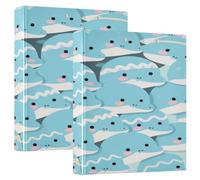 Cartoon Cute Dolphin Blue 1-1/2 Inch School Binder Round Ringing with Pocket Cover 1/2 Packs Office Binder Supplies 200 Sheets