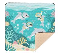 Cartoon Cute Dolphin Diving Green Large Sturdy Foldable Baby Play mat for Indoor Outdoor Water Resistant Foldable Baby Play Tummy Time Mat for Babies Infants Toddlers, 50'' x 50''alfombra de