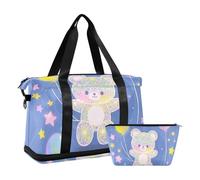 Cartoon Cute Fake Sequin Bear Weekender Bag with Wet Pocket Adjustable Strap Sports Gym Bag for Business Trips 2 Pcs Set for Men Women